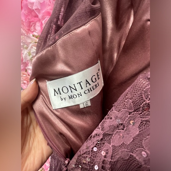 Montage by Mon Cheri size 16 lace and beaded long v neck dress mauve - Picture 5 of 6